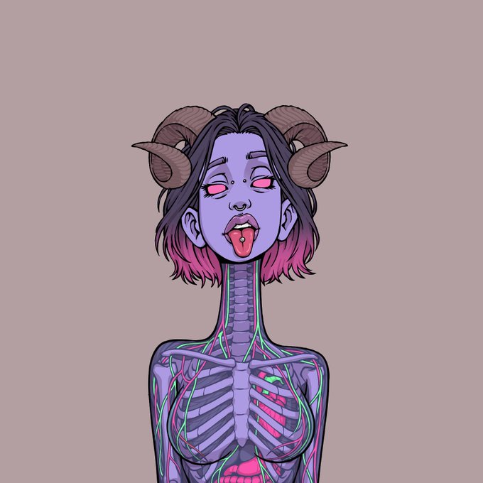 A stylized illustration of a purple-skinned demonic figure with ram horns, pink eyes, and visible internal anatomy including ribs and a circulatory system, set against a dusty pink background.