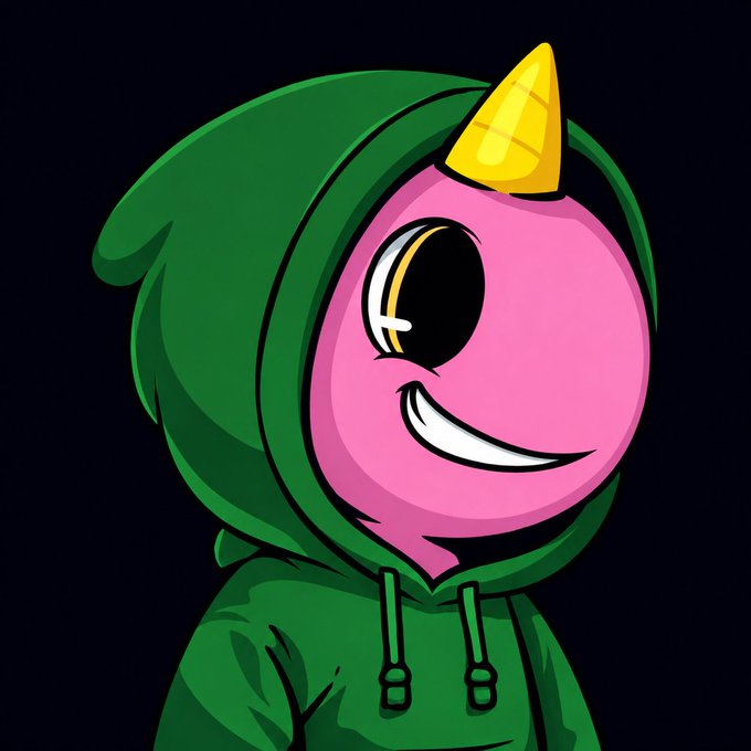 A digital cartoon illustration of a pink-faced character wearing a green hoodie and a yellow traffic cone-shaped hat on a black background.