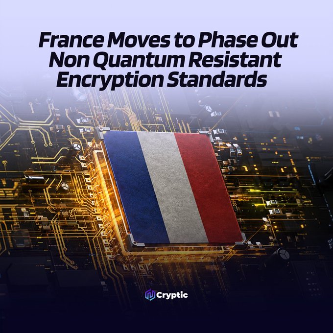 The image features a square circuit board with a French flag displayed on top of it, along with text that reads "France Moves to Phase Out Non Quantum Resistant Encryption Standards". The caption below the image states "What’s that, France will no longer approve security products that lack quantum resistant encryption. (Avez-vous ?").