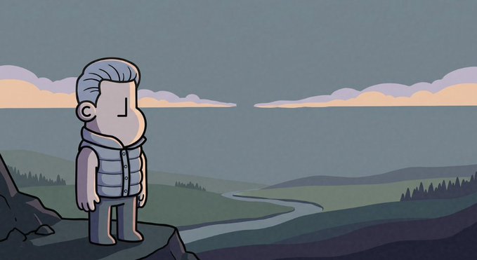 A cartoon illustration of an elderly man with gray hair wearing a puffy vest, standing on a cliff edge overlooking a vast landscape with rolling hills, a winding river, and distant mountains under a cloudy sunset sky.