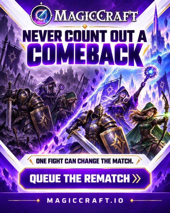 A promotional advertisement for the game MagicCraft featuring fantasy warriors and a sorceress with the tagline 'NEVER COUNT OUT A COMEBACK - ONE FIGHT CAN CHANGE THE MATCH' and a 'QUEUE THE REMATCH' call-to-action button, with the URL magiccraft.io.