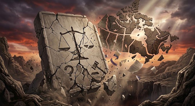 A cracked stone tablet inscribed with scales of justice and the letters "CLARITY" shatters against a dramatic sky, symbolizing the crumbled prospects of the CLARITY bill whose passage probability has plummeted to just 10% amid political infighting.