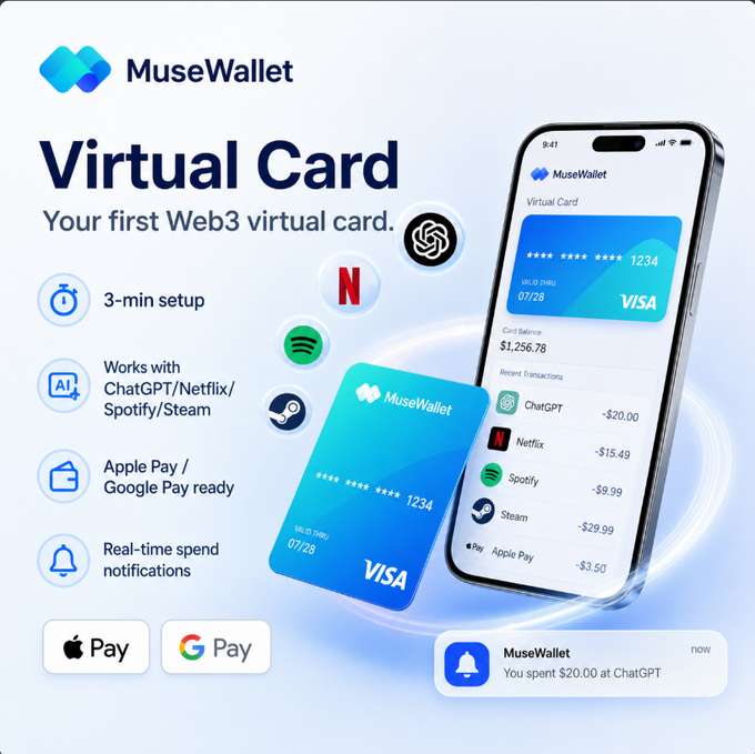 Promotional graphic for MuseWallet's Virtual Card, a Web3 virtual Visa card featuring a 3-min setup, compatibility with ChatGPT/Netflix/Spotify/Steam, Apple Pay/Google Pay support, and real-time spend notifications, shown with a sample balance of $1,256.78.