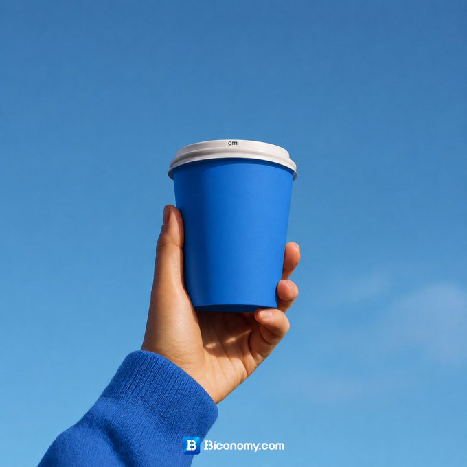 The image shows a hand holding up a blue coffee cup against a clear blue sky background, with the text "BICONOMY.COM" visible at the bottom of the photo. The caption below the image reads "Fresh mindset, fresh energy, fresh opportunities. Let's start strong and make this week count." This suggests that the person is embracing a new beginning or a fresh perspective on life, as indicated by the phrase "let's start strong".