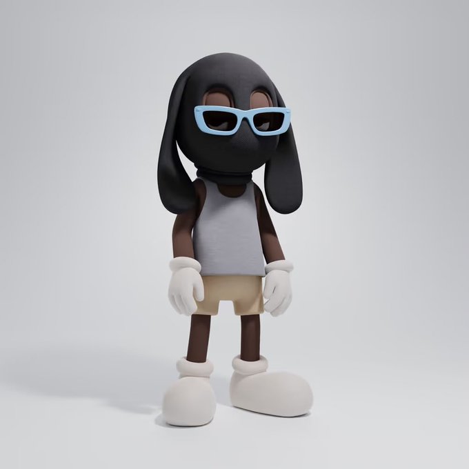 A 3D-rendered cartoon character resembling a black dog with long floppy ears, wearing light blue glasses, a white tank top, tan shorts, white gloves, and large white shoes.