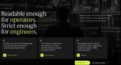 A dark webpage reads 'Readable enough for operators. Strict enough for engineers.' promoting what appears to be a technical documentation or code tool.