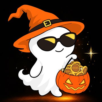 A cartoon illustration of a ghost wearing sunglasses and an orange witch hat, holding a jack-o'-lantern trick-or-treat bucket filled with coins.