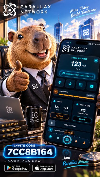 A promotional advertisement for 'Parallax Network' featuring a capybara in a suit giving a thumbs up next to a phone showing a mining app with 'TOTAL BALANCE 123 PAX' and invite code '7CC8B164'.