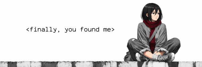 An anime-style illustration of a character with short black hair and a red scarf sitting cross-legged on a stone wall, with the text '<finally, you found me>' displayed on the left.