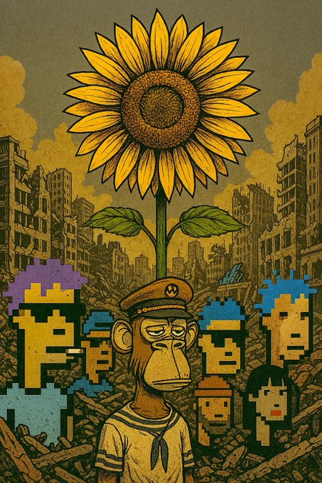 Illustration of a Bored Ape-style monkey in a sailor outfit with a giant sunflower for a head, surrounded by pixelated characters against a ruined cityscape.