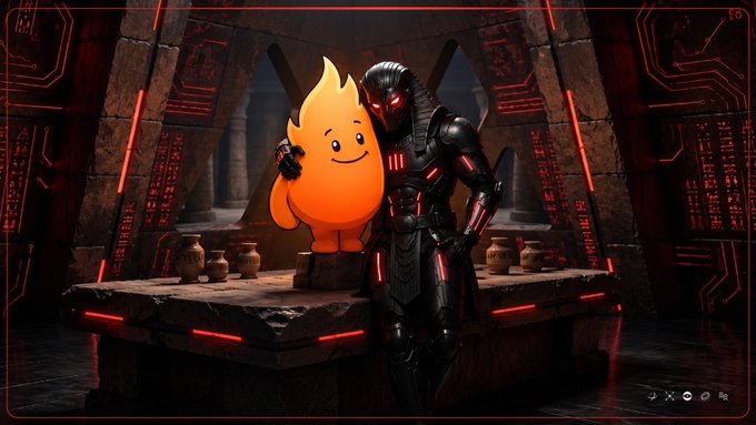 A futuristic armored figure in dark red and black cybernetic armor stands beside an orange cartoon flame mascot with a smiley face in a sci-fi temple setting with red neon accents.
