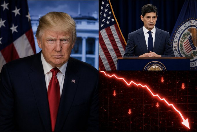 This image shows Donald Trump, a man at a podium with Federal Reserve flags, and a downward trending stock market graph. This visually represents the potential market volatility discussed in the accompanying post related to tariffs.