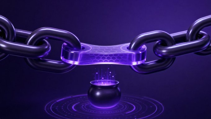 The image features a black chain with a silver link that has been broken off, floating in space above a small black bowl filled with purple liquid. The caption of the image reads "Will one of the biggest problems between blockchains be solved? The biggest thefts and money losses have come from there, exceeding several hundred million dollars. Chainlink and Hedera are (or have been) developing possible solutions". This suggests that the broken chain is a metaphor for the vulnerabilities in blockchain technology, such as the potential for theft or loss of funds due to weak security measures. The image raises questions about how these vulnerabilities can be addressed and resolved within the blockchain community.