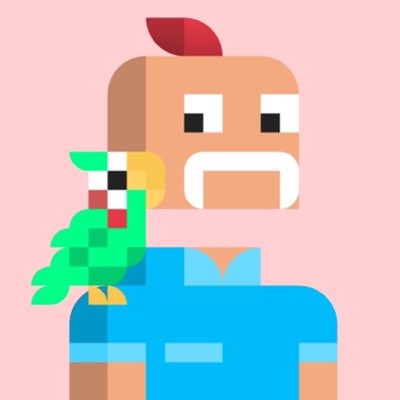 A pixel art illustration of a bearded man in a blue shirt holding a colorful parrot, set against a pink background.