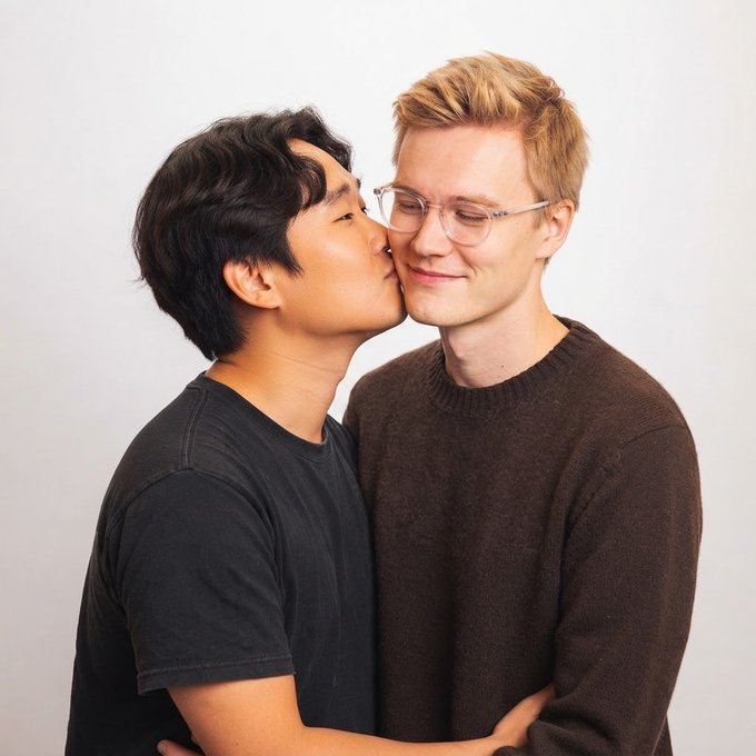 Two young men, one with dark hair in a black t-shirt kissing the cheek of a blonde man in glasses and a brown sweater, share an affectionate moment against a plain white background.