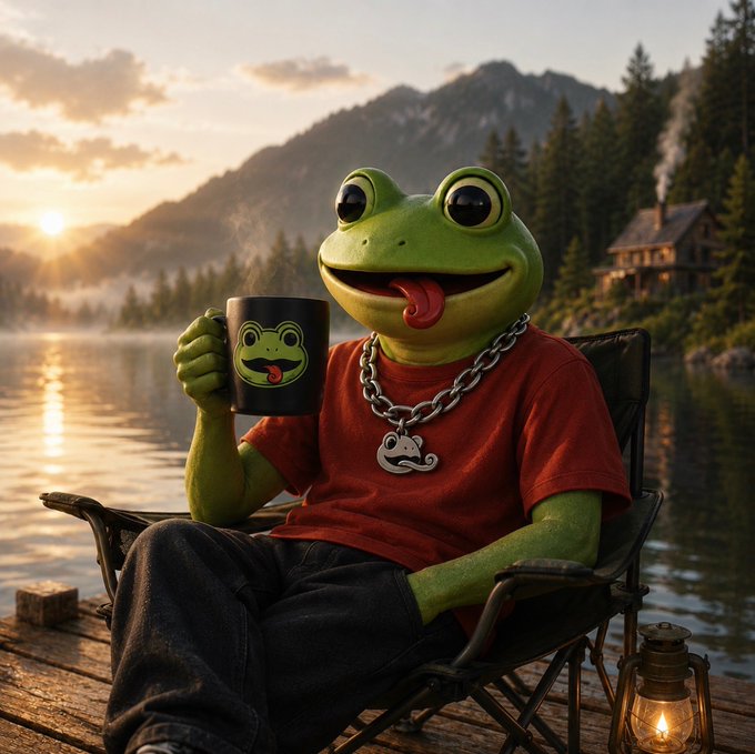 A digitally rendered anthropomorphic green frog wearing a red t-shirt and a chain necklace, sitting in a camping chair by a lake at sunset, holding a black mug featuring a frog face design.