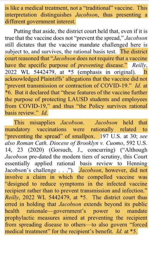 This image shows a legal document excerpt, with highlighted passages arguing that a court misinterpreted the *Jacobson* case by applying it to a COVID-19 vaccine mandate, suggesting the vaccine functions as medical treatment rather than a traditional preventative vaccine, and challenging the court's rational basis review.

In context of the post about Volkswagen-style lawsuits being a mere "cost of doing business," the highlighted text illustrates the type of legal argument being used to challenge institutional vaccine mandates—potentially forming the basis for the kind of massive lawsuits referenced, where fines become just another line item on billion-dollar balance sheets.