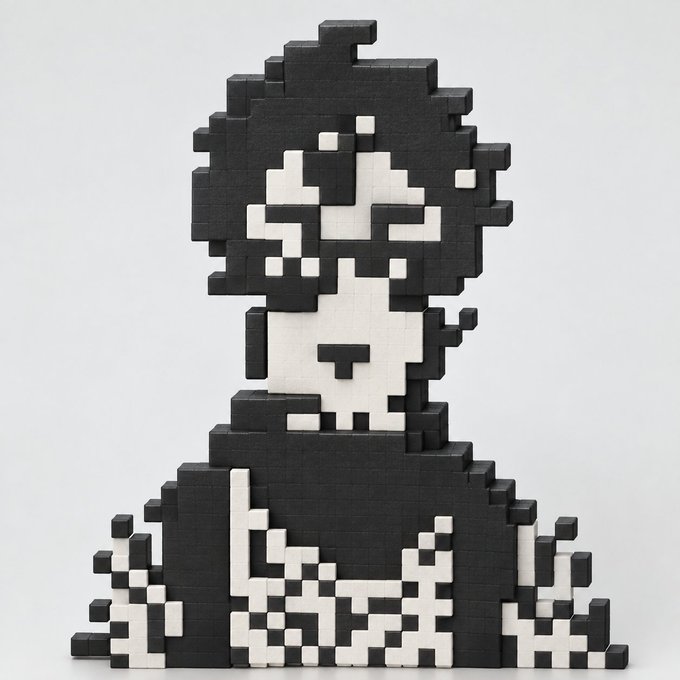 A pixel-art style sculpture made of small black and white blocks forms the likeness of a person's face and upper body.