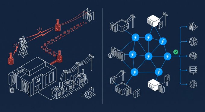 The image is a split illustration contrasting two AI infrastructure approaches: on the left, an AI data center relies on a traditional grid struggling with bottle-necked (highlighted in red) power transmission lines, while on the right, a decentralized network of distributed nodes labeled with "f" connections and a green checkmark leads directly to AI/computing icons, illustrating power that is already connected. This visually reinforces the post's point that Brookfield's expanded $25 billion partnership with Bloom Energy addresses grid delays for AI data centers, whereas Filecoin's decentralized providers benefit from pre-connected power.