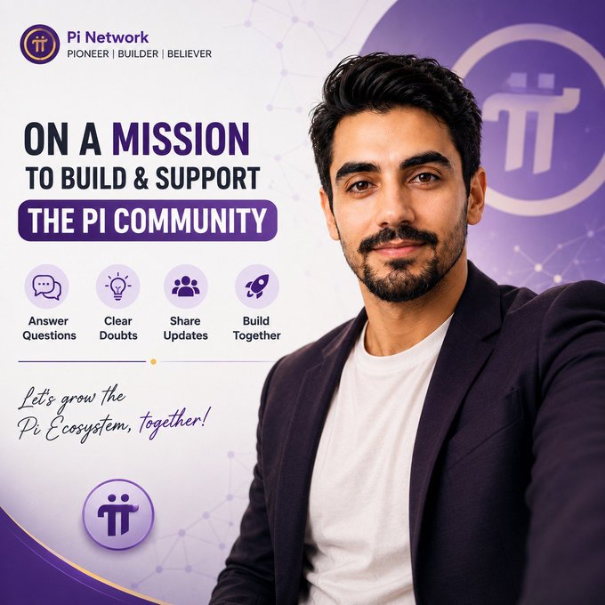 The image is a promotional graphic for the Pi Network featuring a man in a dark blazer and white shirt, branded with "Pi Network - PIONEER | BUILDER | BELIEVER" and the tagline "ON A MISSION TO BUILD & SUPPORT THE PI COMMUNITY," along with icons for "Answer Questions," "Clear Doubts," "Share Updates," and "Build Together." The post introduces Prakash Choudhary as a Pi Network Pioneer sharing his journey and offering to help others with KYC, Mainnet migration, Nodes, and ecosystem questions—aligning with the image's mission to support and grow the Pi community together.