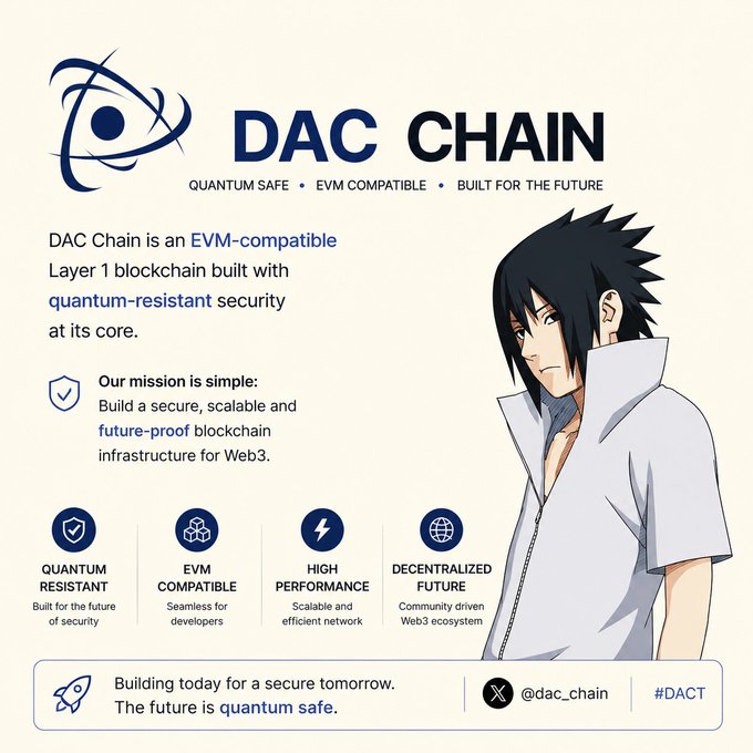 A promotional graphic for 'DAC CHAIN' featuring an anime character, describing it as an EVM-compatible Layer 1 blockchain with quantum-resistant security, with tags Quantum Resistant, EVM Compatible, High Performance, and Decentralized Future, and social handle @dac_chain with #DACT.
