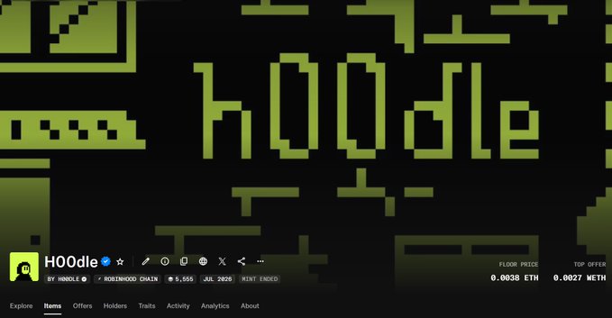 A retro pixel-art NFT listing displays "h00dle" in blocky green text against a black background, marked as part of the "h00d_n00dle" collection on a marketplace with a floor price of 0.0038 ETH and top offer of 0.0027 ETH. The image humorously illustrates the post's frustration about expensive on-chain NFT collecting, with the pixelated aesthetic and gaming-like design emphasizing the fast-paced, addictive nature of trying to keep up with new drops.