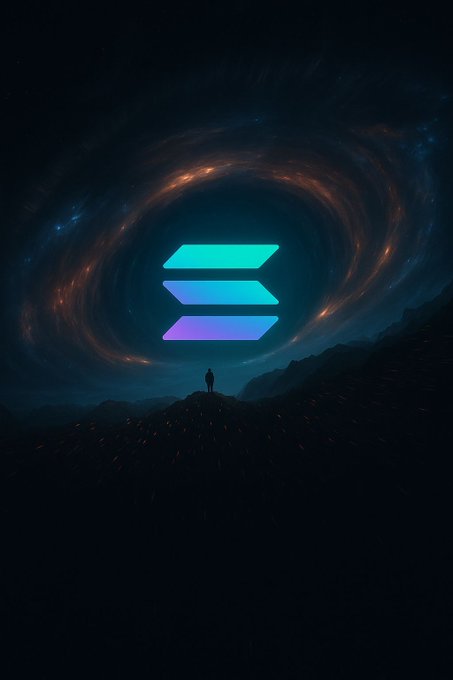 The image features a person standing at the top of a mountain, with a large blue and purple logo prominently displayed above them. The logo consists of three vertical lines connected by a horizontal line, creating an eye-catching design against the backdrop of the mountain landscape. The caption "Thinking about Solana" is written below this logo, suggesting that the person might be contemplating the cryptocurrency or blockchain technology associated with Solana.
