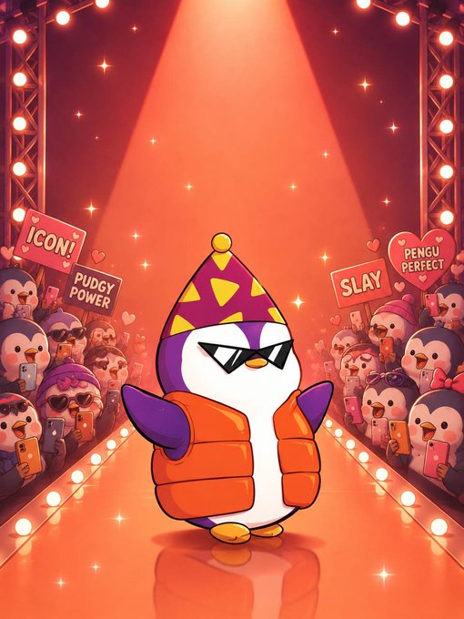 An illustration of a purple penguin wearing a party hat and orange puffer vest strutting down a runway, surrounded by penguin fans holding signs reading 'ICON!', 'PUDGY POWER', 'SLAY', and 'PENGU PERFECT'.