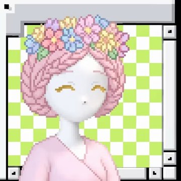 A digital avatar or game character with pink braided hair, closed eyes, a floral crown, and a pink top, displayed against a green and white checkered background.