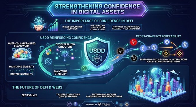A promotional graphic titled 'STRENGTHENING CONFIDENCE IN DIGITAL ASSETS' highlighting USDD stablecoin features including over-collateralization, decentralized structure, stability, and cross-chain interoperability, powered by TRON.