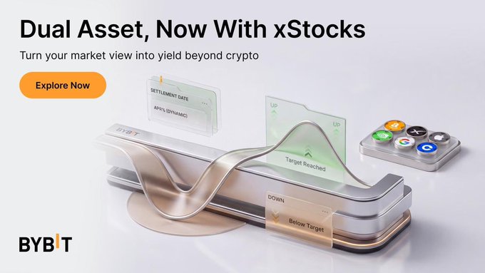 Bybit ad promoting "Dual Asset, Now With xStocks," featuring a sleek 3D design with floating UI elements showing "Target Reached," "Below Target," and "Settlement Date" labels, alongside an "Explore Now" button. The post notes Bybit is the first centralized exchange to offer tokenized U.S. stocks like NVDAX in a Dual Asset yield product, letting users earn yield based on market views.