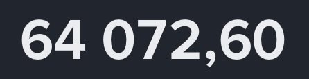 The image displays "64,072,60" in large white text on a dark gray background, with a comma in the position where a period or digit may be missing. This visually highlights the current Bitcoin price level of approximately $64,000, aligning with the post's message of buying Bitcoin spot at the $64k level while keeping half of the cash reserve ready for a potential dip to the $54-60k range.