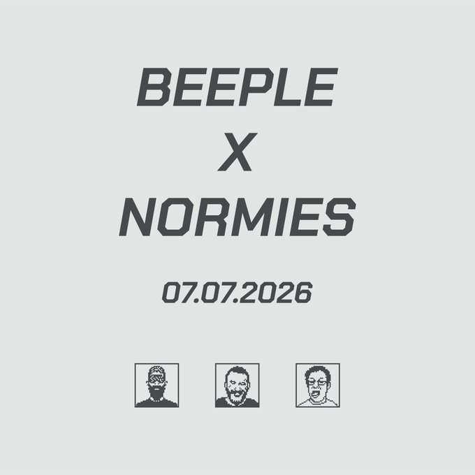 A promotional graphic with text reading 'BEEPLE X NORMIES 07.07.2026' displayed above three small pixel-art portraits of figures.