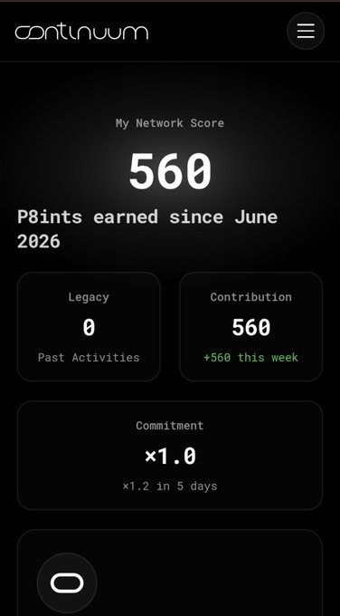 A mobile app screen for 'continuum' displaying a 'My Network Score' of 560, with '560 Points earned since June 2026', broken down into Legacy (0) and Contribution (560, +560 this week), plus a Commitment multiplier of x1.0.