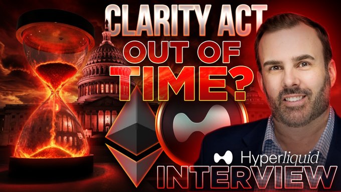 A promotional thumbnail featuring a man labeled with Hyperliquid branding alongside text reading "CLARITY ACT OUT OF TIME? INTERVIEW," with visuals of an hourglass, the U.S. Capitol, and the Ethereum and Solana logos, tying into the post about the CLARITY Act discussion and an interview with Adam Minehardt.