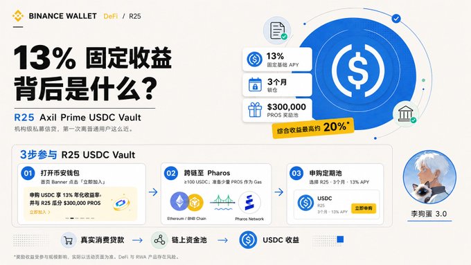 Binance Wallet promotional infographic for the 'R25 Axil Prime USDC Vault' offering 13% fixed yield, with details in Chinese including '13% 固定收益背后是什么？' and 3-step participation guide.