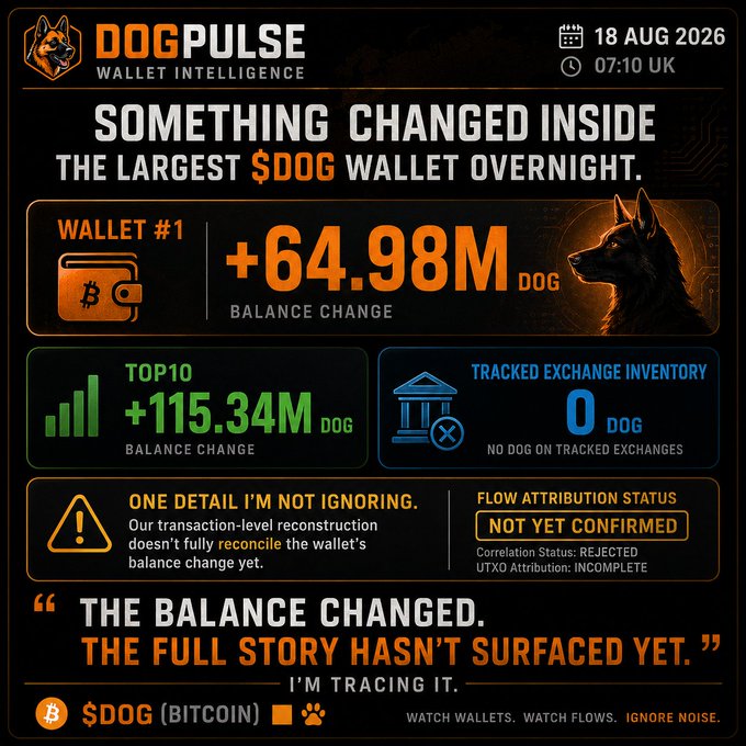 A 'DOGPULSE Wallet Intelligence' report dated 18 AUG 2026 highlighting that 'SOMETHING CHANGED INSIDE THE LARGEST $DOG WALLET OVERNIGHT' with a +64.98M DOG balance change and notes that 'THE FULL STORY HASN'T SURFACED YET'.