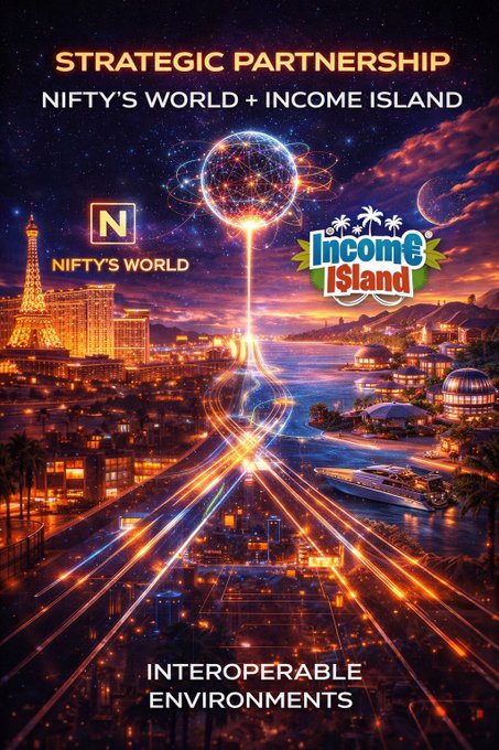 A digital promotional graphic titled 'STRATEGIC PARTNERSHIP' between 'NIFTY'S WORLD' and 'INCOME ISLAND', showing a glowing sphere connecting a Las Vegas-style cityscape with a tropical island scene under the heading 'INTEROPERABLE ENVIRONMENTS'.