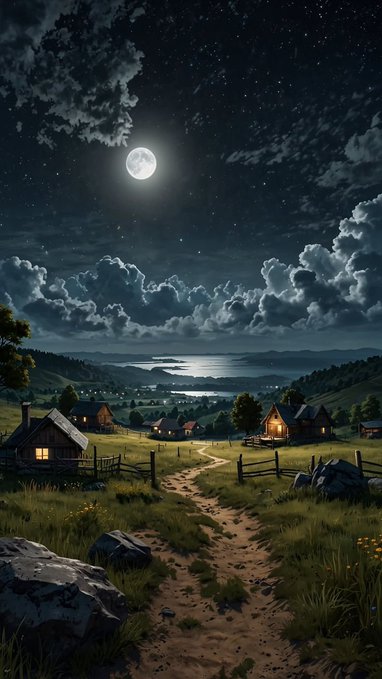 A moonlit countryside unfolds under a starry sky, where a winding dirt path leads toward a small village of warmly lit cottages nestled among rolling hills and a distant shimmering lake, evoking a sense of timeless journey and accumulated history—mirroring the post's theme of an NFT carrying its own onchain story, with each step along the path symbolizing the digital assets collected and the trail of history built as the Miner NFT travels from one owner to the next.