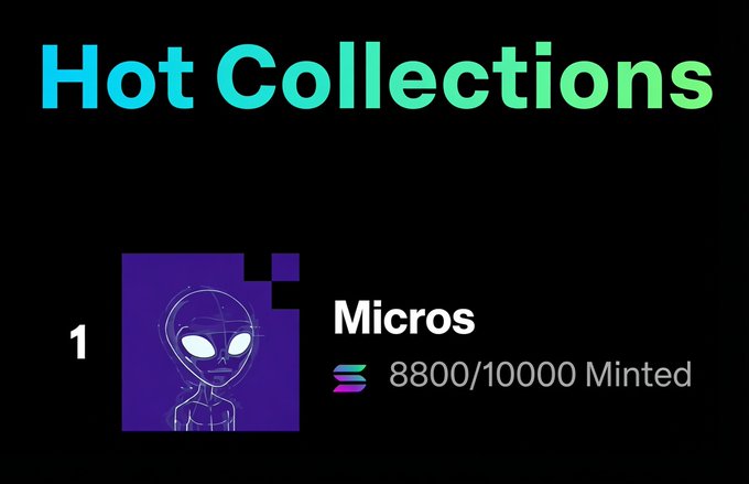 The image features a purple square with an alien face inside of it, accompanied by the text "Hot Collections" at the top. Below this, there are two lines of text that read "MICS" and "8,800/1,000 Minted". The main focus of the image is the purple square containing the alien face, which is positioned in the center of the frame.