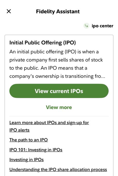 The image shows a phone screen with a list of instructions for a Fidelity Advisor, which appears to be an initial public offering (IPO) guide. The instructions include logging into the IPO center, viewing current IPOs, and understanding the IPO process. The text in the image is not legible, so it's unclear what specific steps are being recommended or how they relate to the post about the IPO.