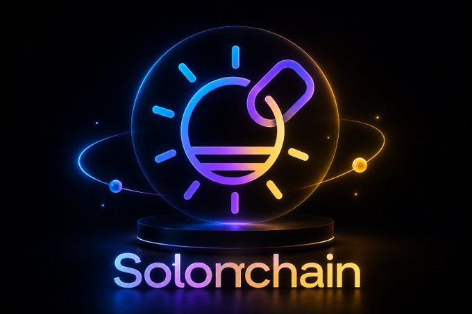 A neon-styled logo featuring a glowing purple and blue lightbulb encircled by an atomic ring, displayed above the text 'Solomchain' on a dark background.