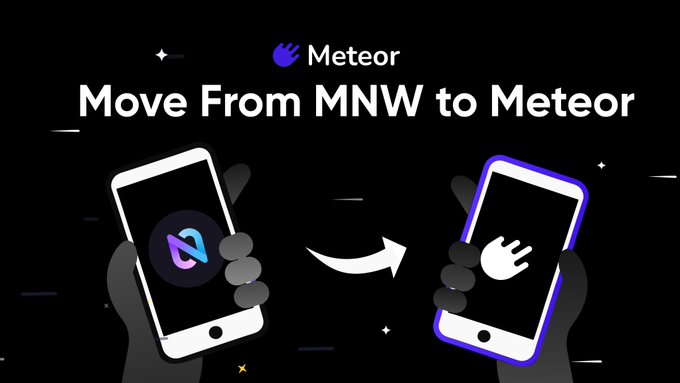 Promotional graphic titled 'Move From MNW to Meteor' showing hands holding smartphones with arrows indicating a transition between platforms.