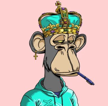 A cartoon illustration of a bored-looking monkey wearing a gold crown with jewels and a teal hoodie, smoking what appears to be a joint, against a pink background.