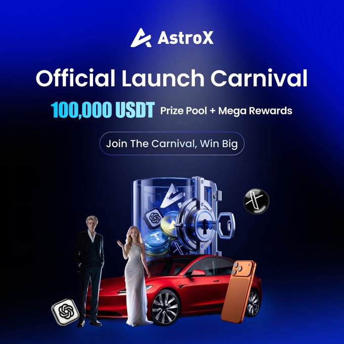 The image is a promotional banner for the "AstroX Official Launch Carnival," featuring a 100,000 USDT prize pool and a call-to-action button reading "Join The Carnival, Win Big," alongside a red sports car, a vault, a smartphone, and two well-dressed figures against a dark blue background.

This visual directly supports the post's message about AstroX's launch giveaway, highlighting the 100,000 USDT prize pool and encouraging users to join the carnival for a chance at rewards.