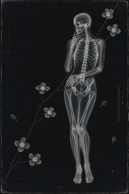 A high-contrast X-ray style image displays a full human skeleton standing against a black background, surrounded by delicate floral branches.