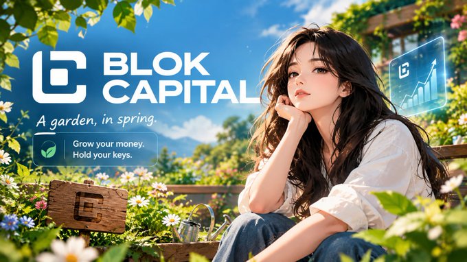 An anime-style illustration of a young woman with long brown hair sitting in a spring garden, with the 'BLOK CAPITAL' logo and text reading 'A garden, in spring' and 'Grow your money. Hold your keys.'
