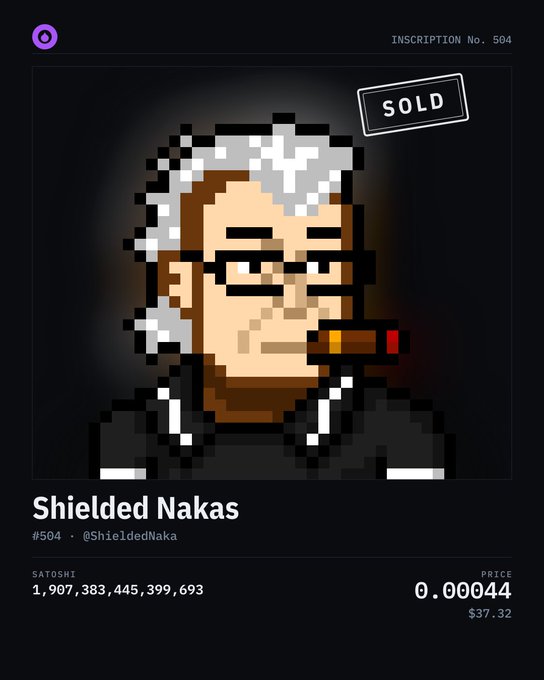 A pixel art NFT titled 'Shielded Nakas' (#504, @ShieldedNaka) marked SOLD, priced at 0.00044 BTC ($37.32), depicting a man with glasses, white hair, and a glowing cigar.