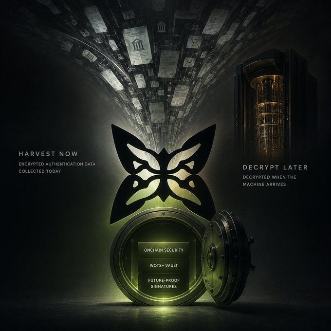A digital artwork promoting cryptography concepts with a butterfly emerging from a vault labeled 'Onchain Security' and 'WOTS+ Vault', flanked by text 'HARVEST NOW' and 'DECRYPT LATER'.
