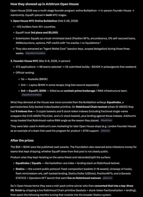 A screenshot of an Arbitrum Open House 2026 recap highlighting EqualFi's strong showing—winning 3rd place at NYC Founder House ($20K prize) and 1st at London Founder House ($60K)—by shipping a fully permissionless RWA index/basket primitive with live onchain evidence like 9 indexes and $43K in TSL/testnet deposits, reinforcing the post's bullish "freight train" sentiment on EqualFi's momentum.